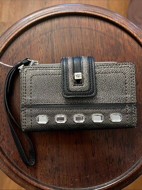 Kathy Van Zeeland Metallic Gunmetal Black Wristlet Phone Case with Gem Accents